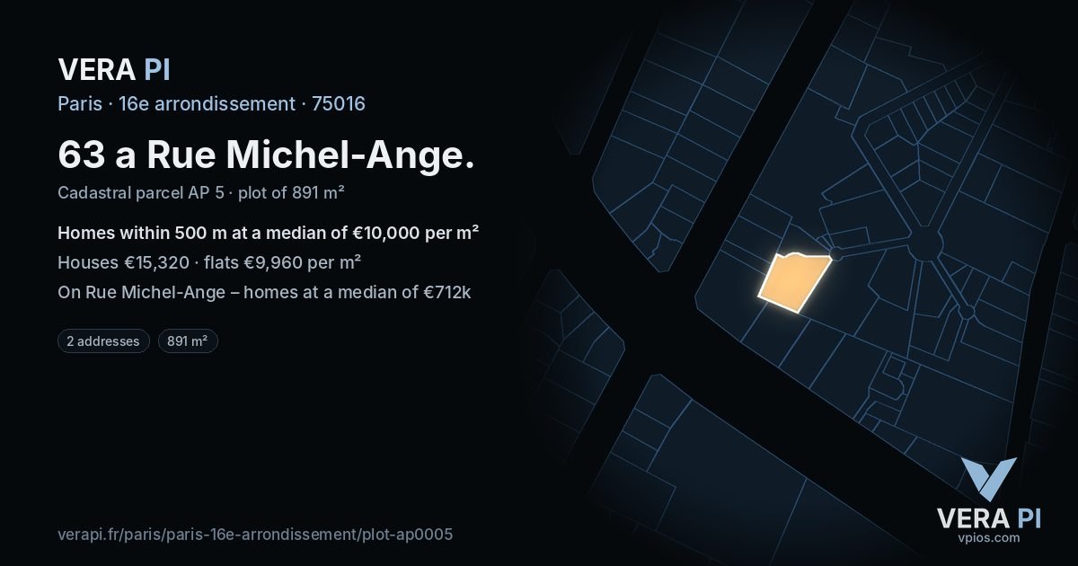 63 a Rue Michel-Ange, 16e arrondissement at night – the plot lit, the parcels around coloured by the prices near them