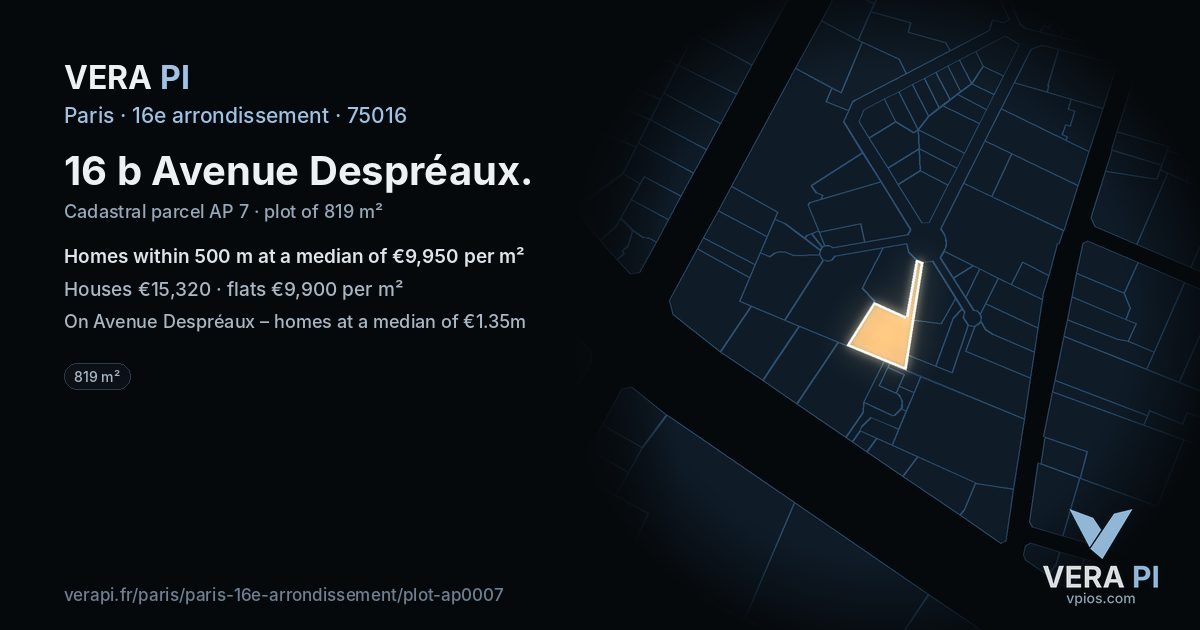 16 b Avenue Despréaux, 16e arrondissement at night – the plot lit, the parcels around coloured by the prices near them