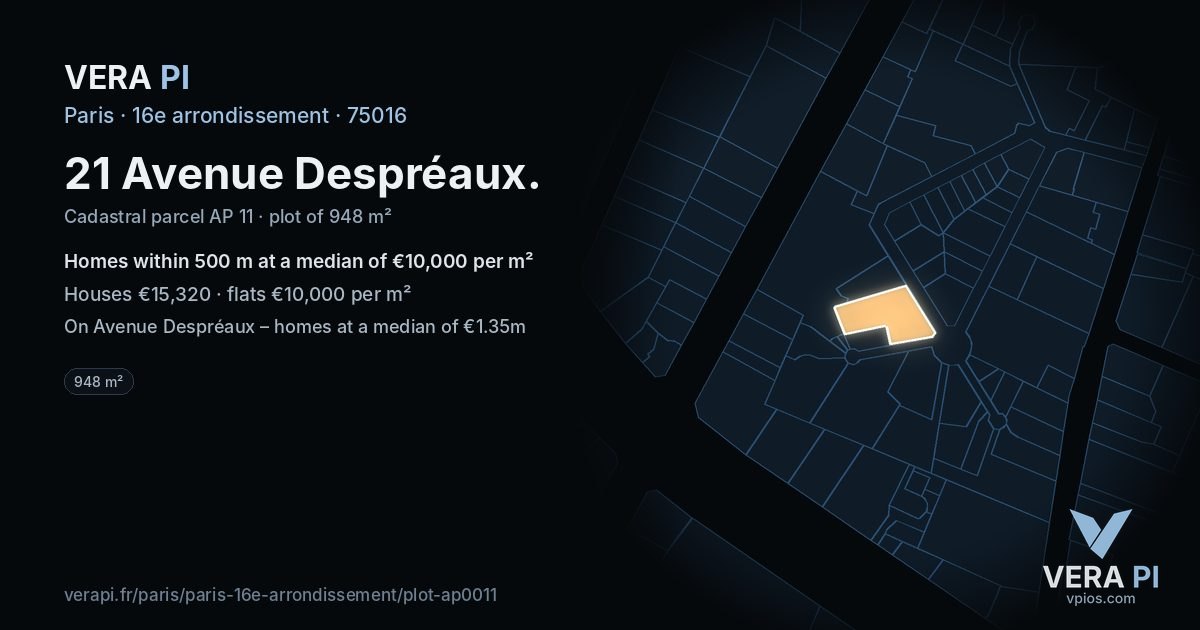 21 Avenue Despréaux, 16e arrondissement at night – the plot lit, the parcels around coloured by the prices near them