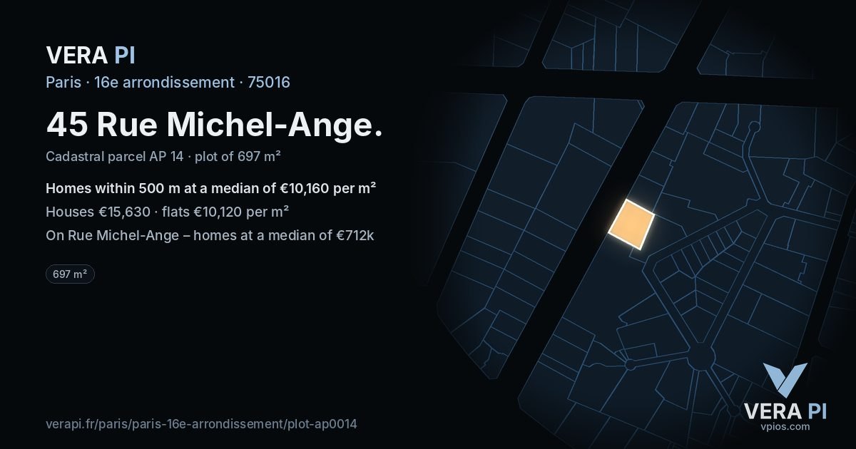45 Rue Michel-Ange, 16e arrondissement at night – the plot lit, the parcels around coloured by the prices near them