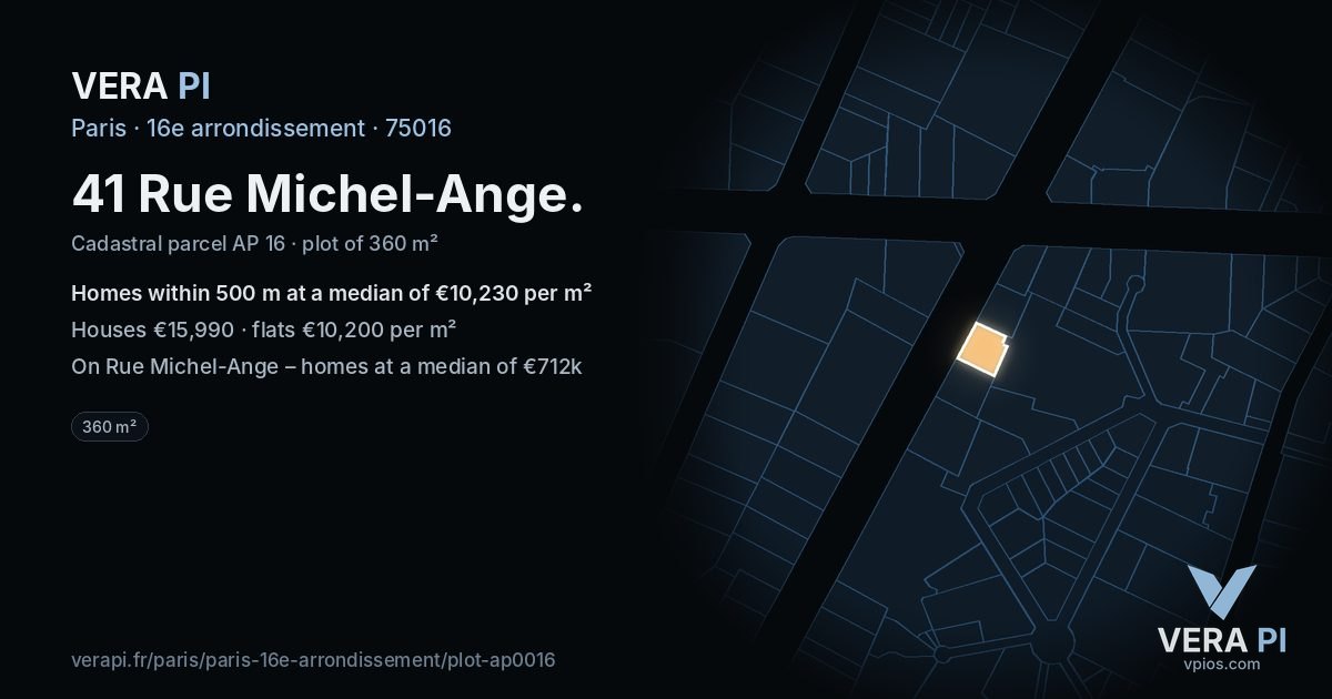 41 Rue Michel-Ange, 16e arrondissement at night – the plot lit, the parcels around coloured by the prices near them