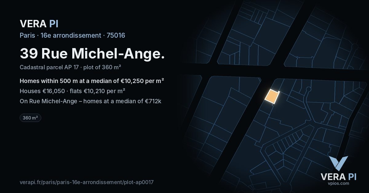 39 Rue Michel-Ange, 16e arrondissement at night – the plot lit, the parcels around coloured by the prices near them