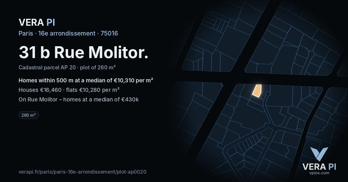 31 b Rue Molitor, 16e arrondissement at night – the plot lit, the parcels around coloured by the prices near them
