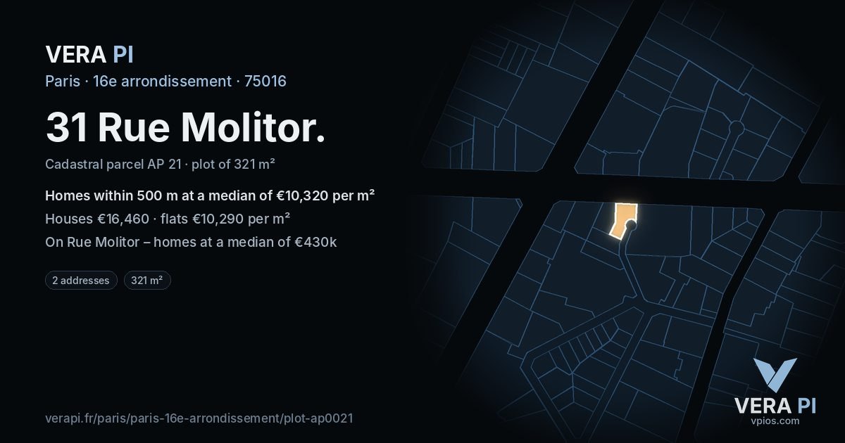 31 Rue Molitor, 16e arrondissement at night – the plot lit, the parcels around coloured by the prices near them