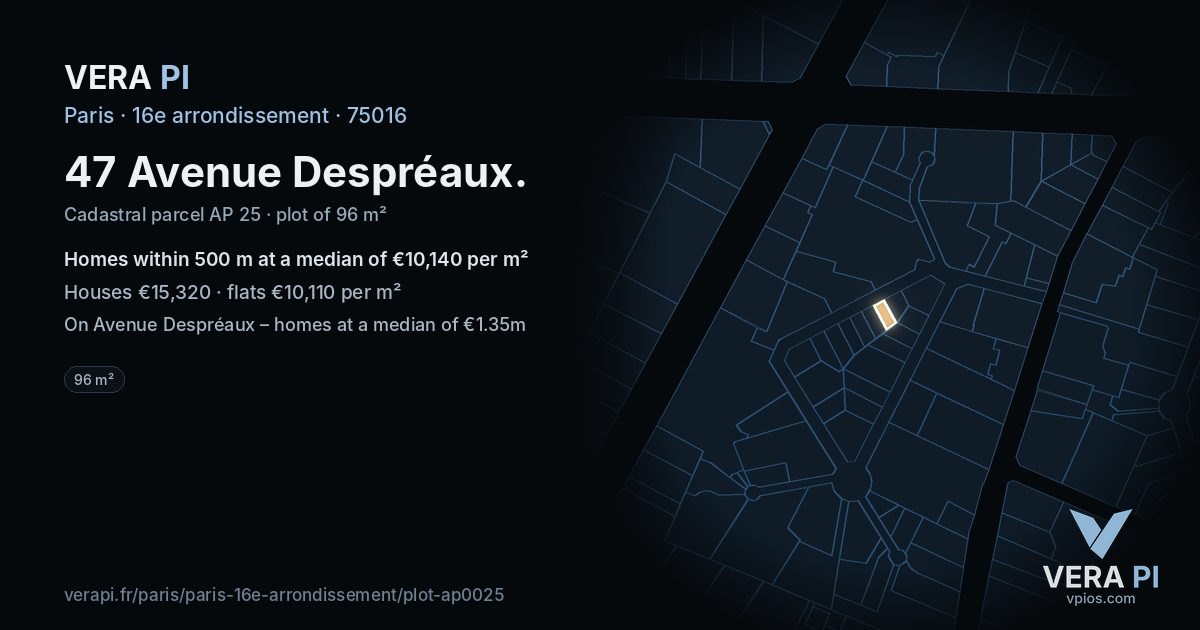 47 Avenue Despréaux, 16e arrondissement at night – the plot lit, the parcels around coloured by the prices near them