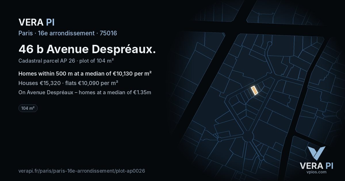 46 b Avenue Despréaux, 16e arrondissement at night – the plot lit, the parcels around coloured by the prices near them