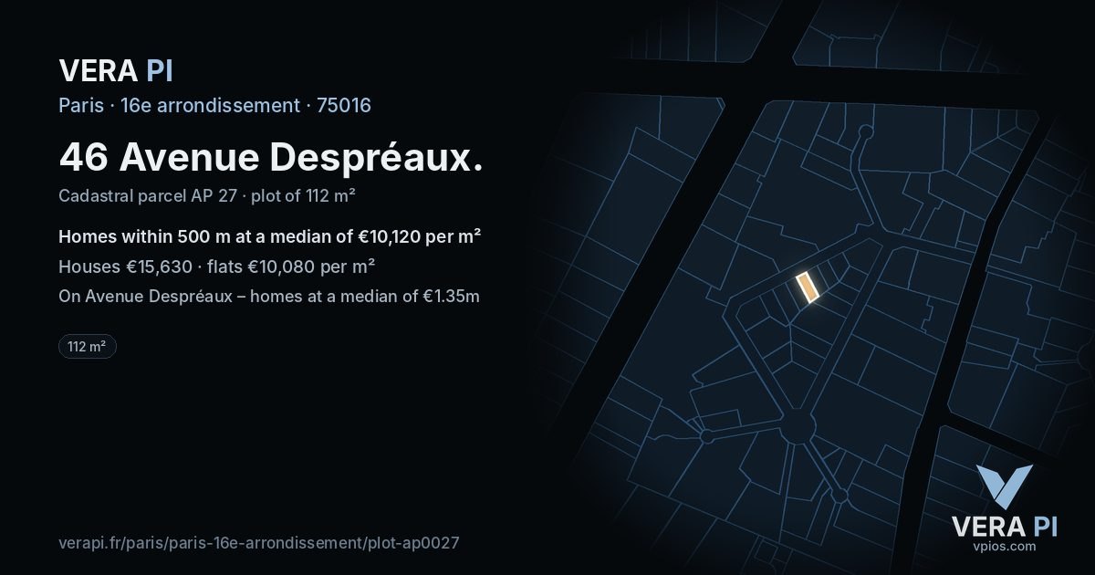 46 Avenue Despréaux, 16e arrondissement at night – the plot lit, the parcels around coloured by the prices near them
