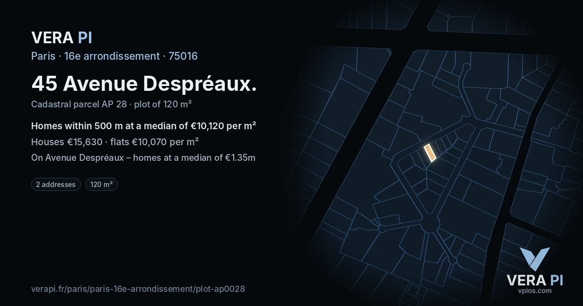 45 Avenue Despréaux, 16e arrondissement at night – the plot lit, the parcels around coloured by the prices near them