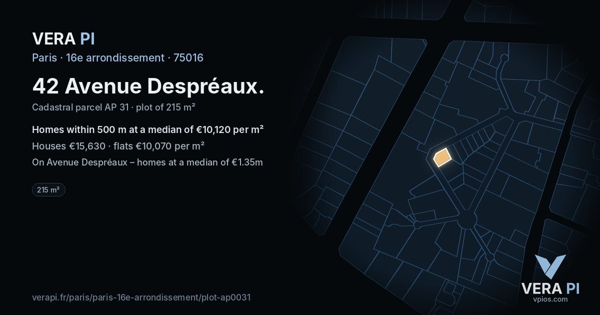42 Avenue Despréaux, 16e arrondissement at night – the plot lit, the parcels around coloured by the prices near them