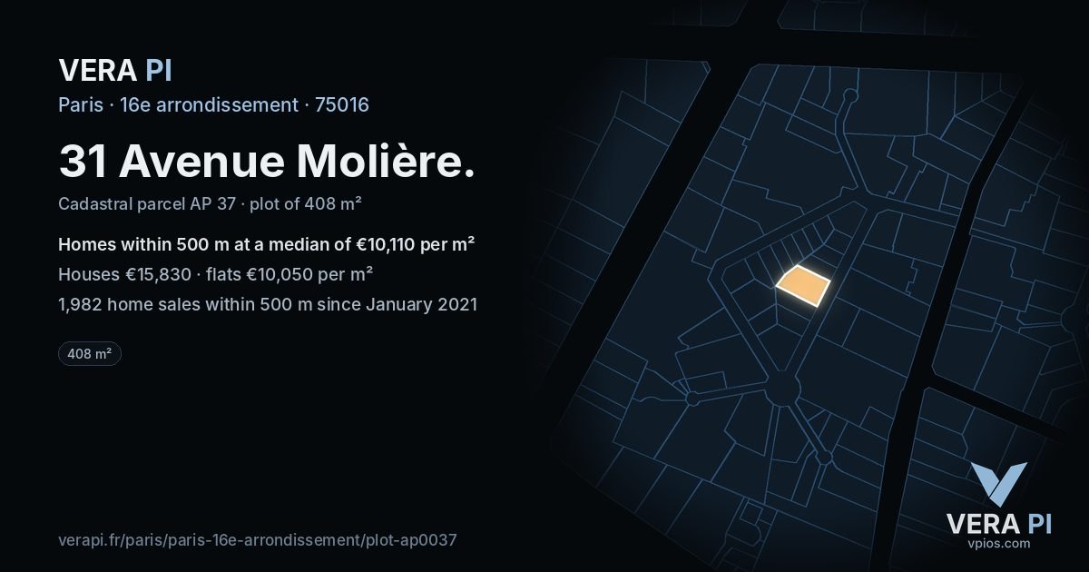 31 Avenue Molière, 16e arrondissement at night – the plot lit, the parcels around coloured by the prices near them