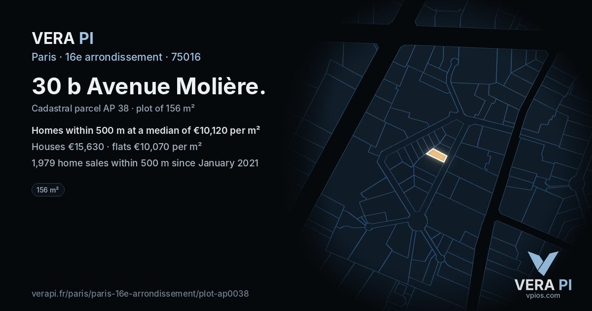 30 b Avenue Molière, 16e arrondissement at night – the plot lit, the parcels around coloured by the prices near them