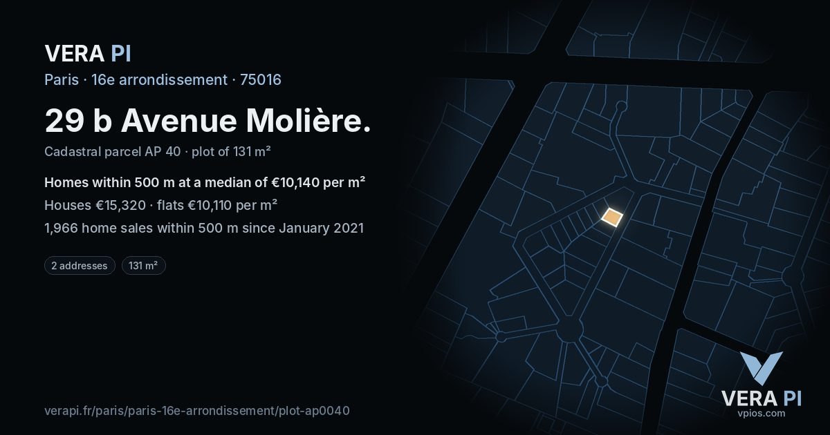 29 b Avenue Molière, 16e arrondissement at night – the plot lit, the parcels around coloured by the prices near them