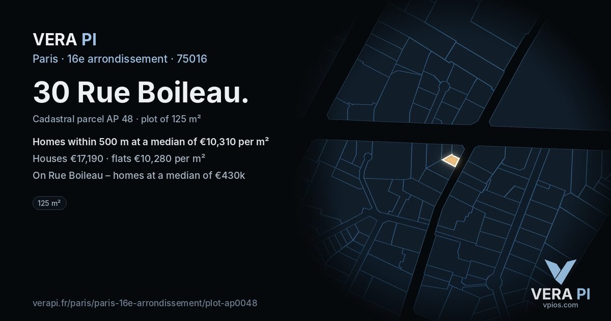 30 Rue Boileau, 16e arrondissement at night – the plot lit, the parcels around coloured by the prices near them