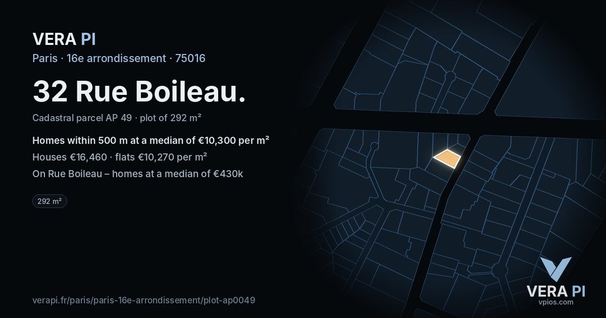 32 Rue Boileau, 16e arrondissement at night – the plot lit, the parcels around coloured by the prices near them