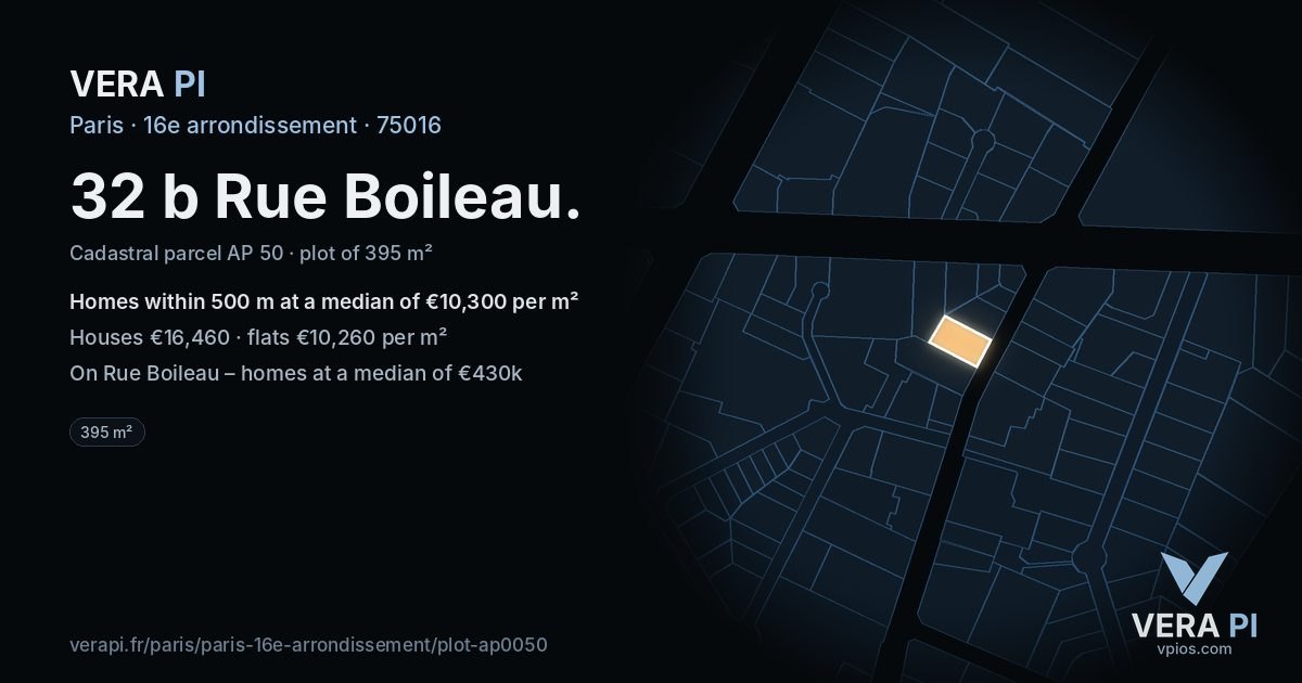 32 b Rue Boileau, 16e arrondissement at night – the plot lit, the parcels around coloured by the prices near them