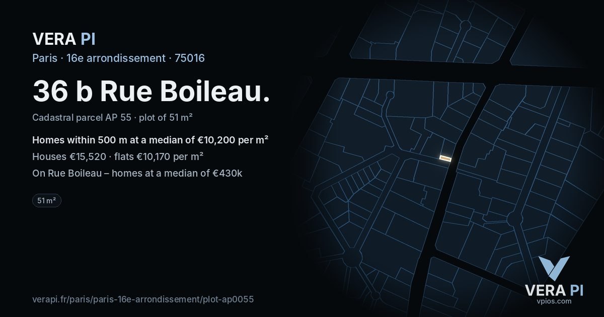 36 b Rue Boileau, 16e arrondissement at night – the plot lit, the parcels around coloured by the prices near them