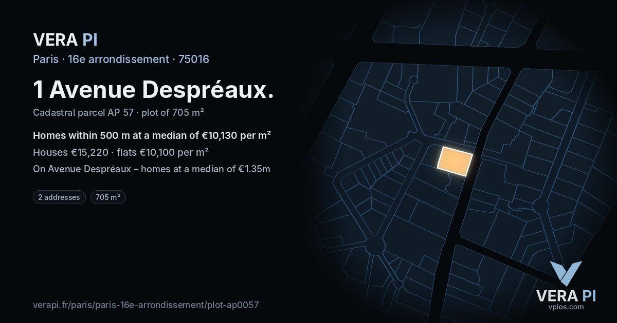 1 Avenue Despréaux, 16e arrondissement at night – the plot lit, the parcels around coloured by the prices near them