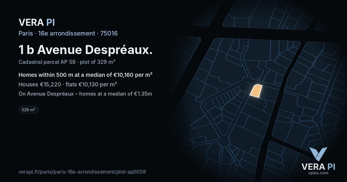 1 b Avenue Despréaux, 16e arrondissement at night – the plot lit, the parcels around coloured by the prices near them