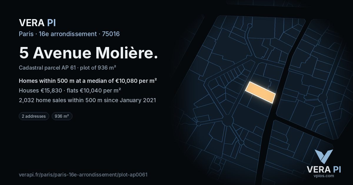 5 Avenue Molière, 16e arrondissement at night – the plot lit, the parcels around coloured by the prices near them