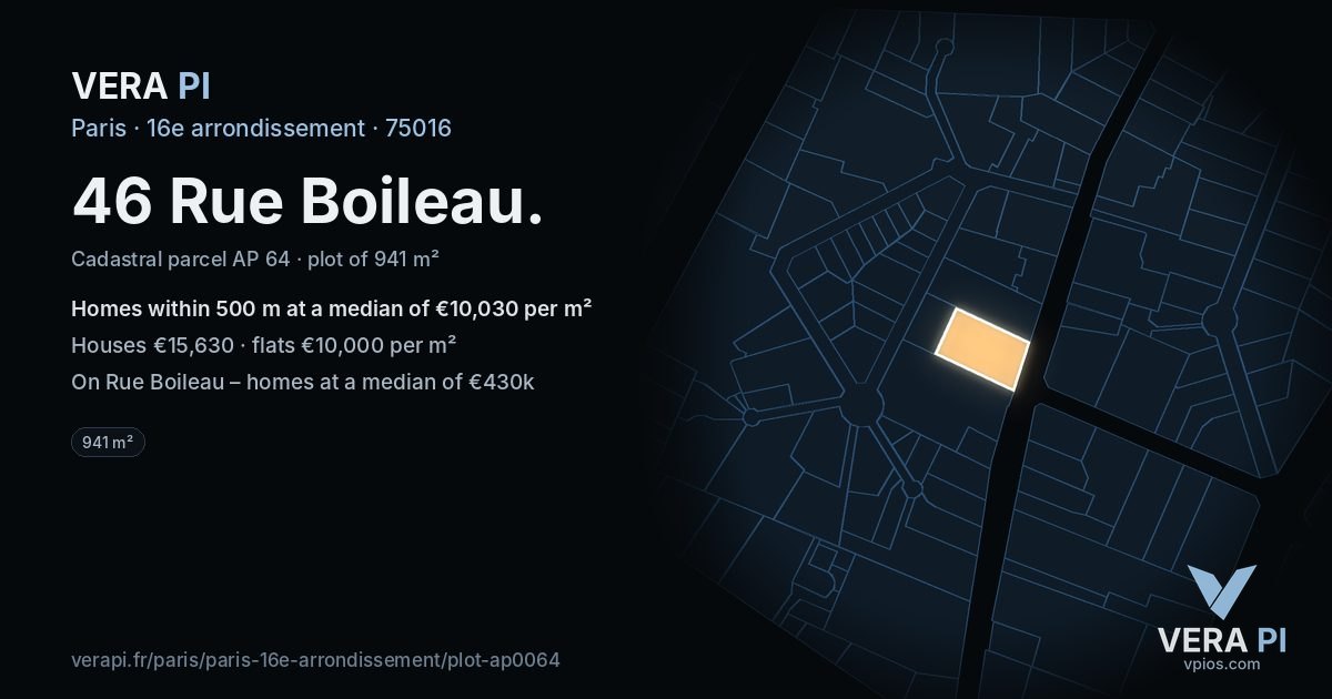 46 Rue Boileau, 16e arrondissement at night – the plot lit, the parcels around coloured by the prices near them