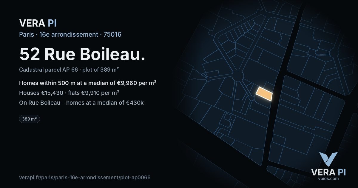 52 Rue Boileau, 16e arrondissement at night – the plot lit, the parcels around coloured by the prices near them