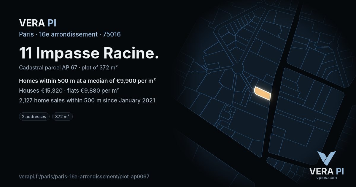 11 Impasse Racine, 16e arrondissement at night – the plot lit, the parcels around coloured by the prices near them