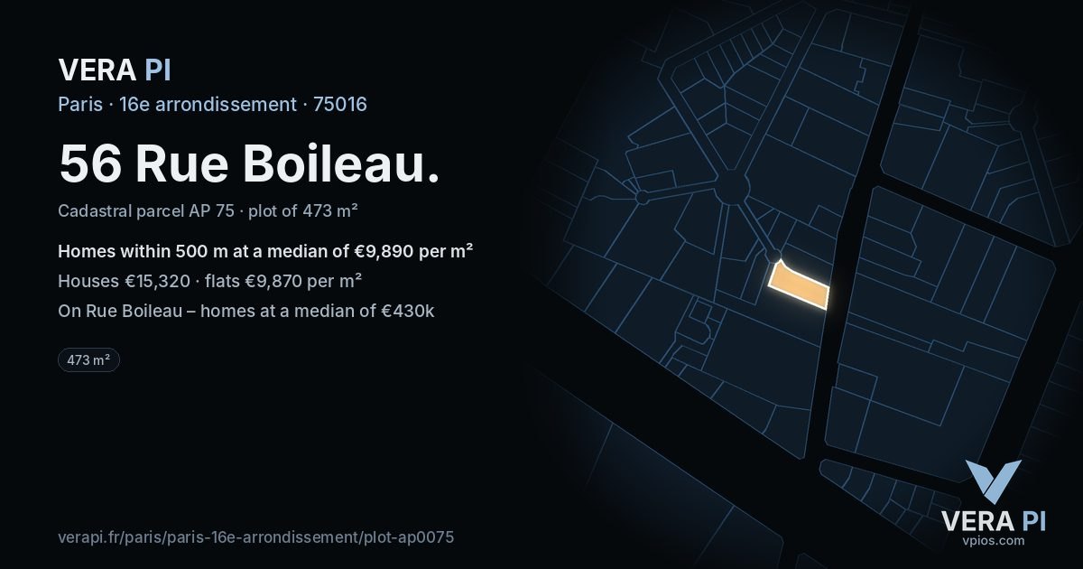 56 Rue Boileau, 16e arrondissement at night – the plot lit, the parcels around coloured by the prices near them