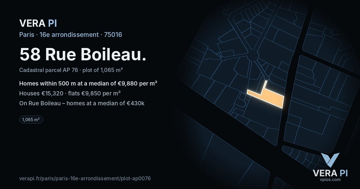 58 Rue Boileau, 16e arrondissement at night – the plot lit, the parcels around coloured by the prices near them