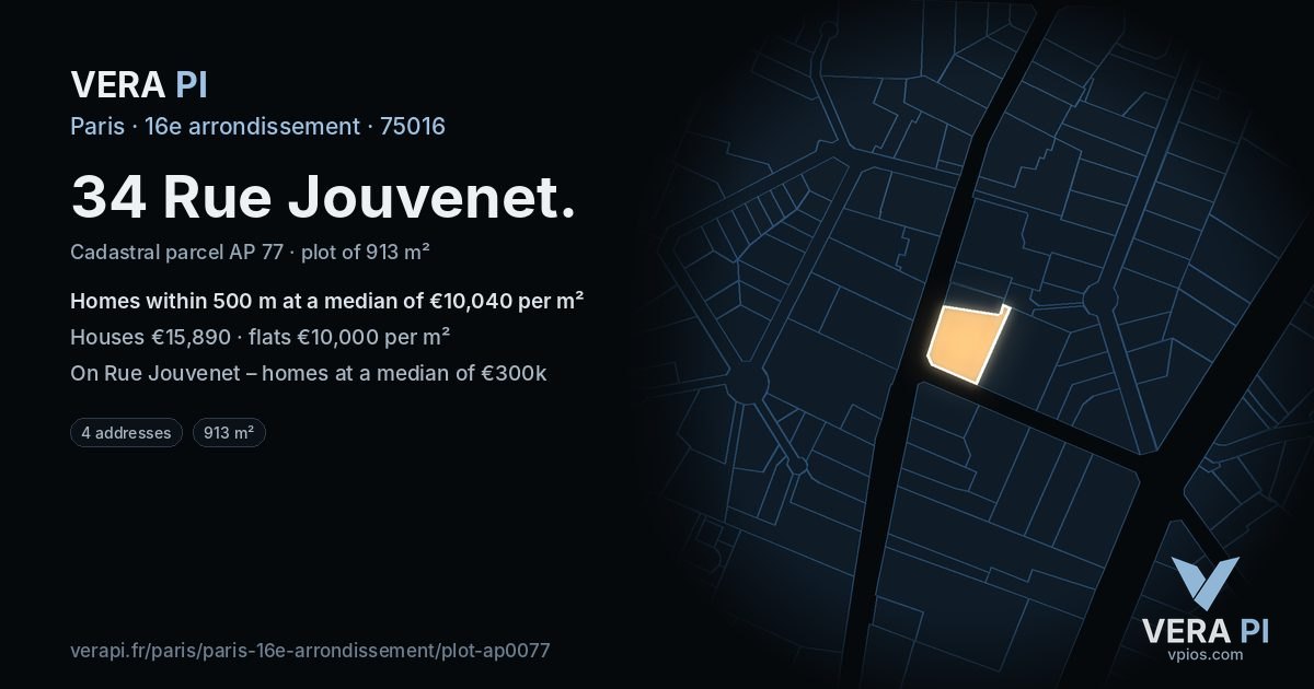 34 Rue Jouvenet, 16e arrondissement at night – the plot lit, the parcels around coloured by the prices near them
