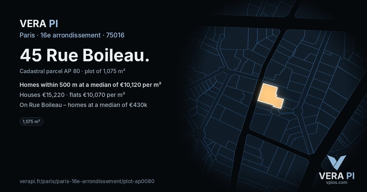 45 Rue Boileau, 16e arrondissement at night – the plot lit, the parcels around coloured by the prices near them