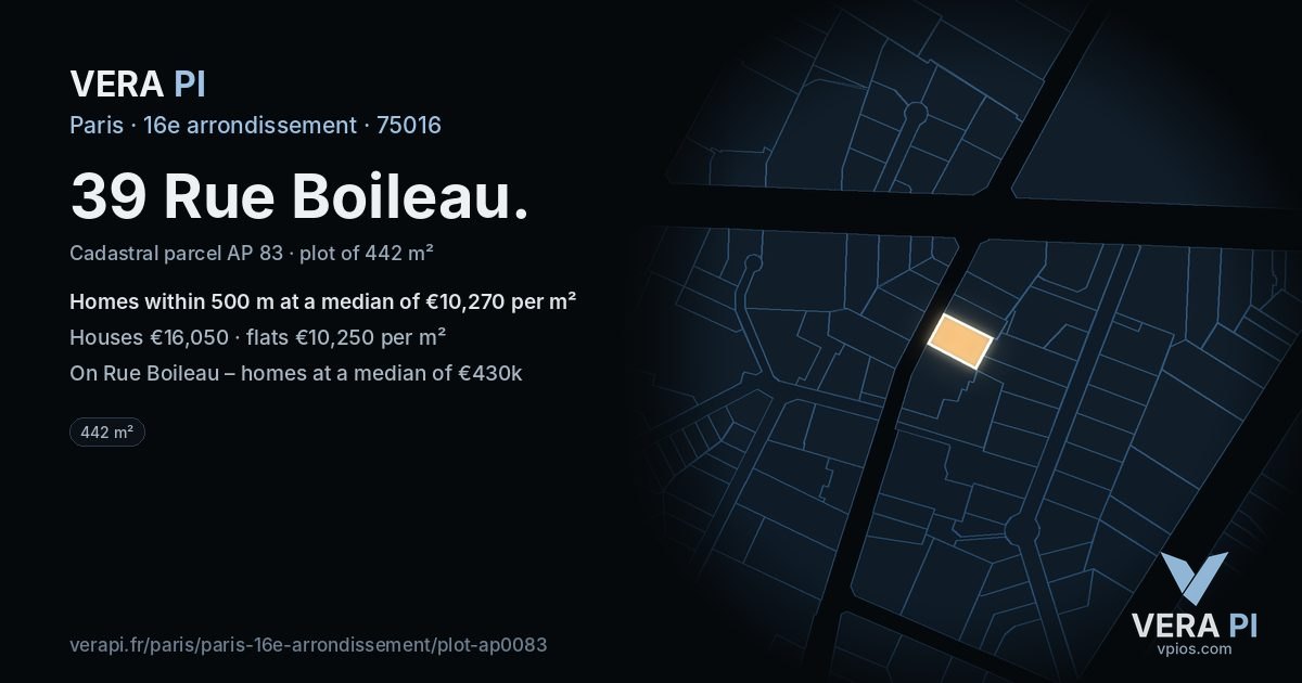 39 Rue Boileau, 16e arrondissement at night – the plot lit, the parcels around coloured by the prices near them