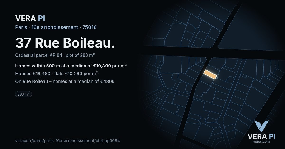 37 Rue Boileau, 16e arrondissement at night – the plot lit, the parcels around coloured by the prices near them