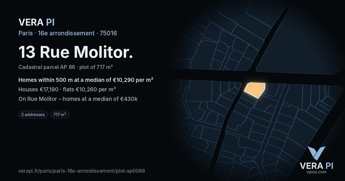 13 Rue Molitor, 16e arrondissement at night – the plot lit, the parcels around coloured by the prices near them