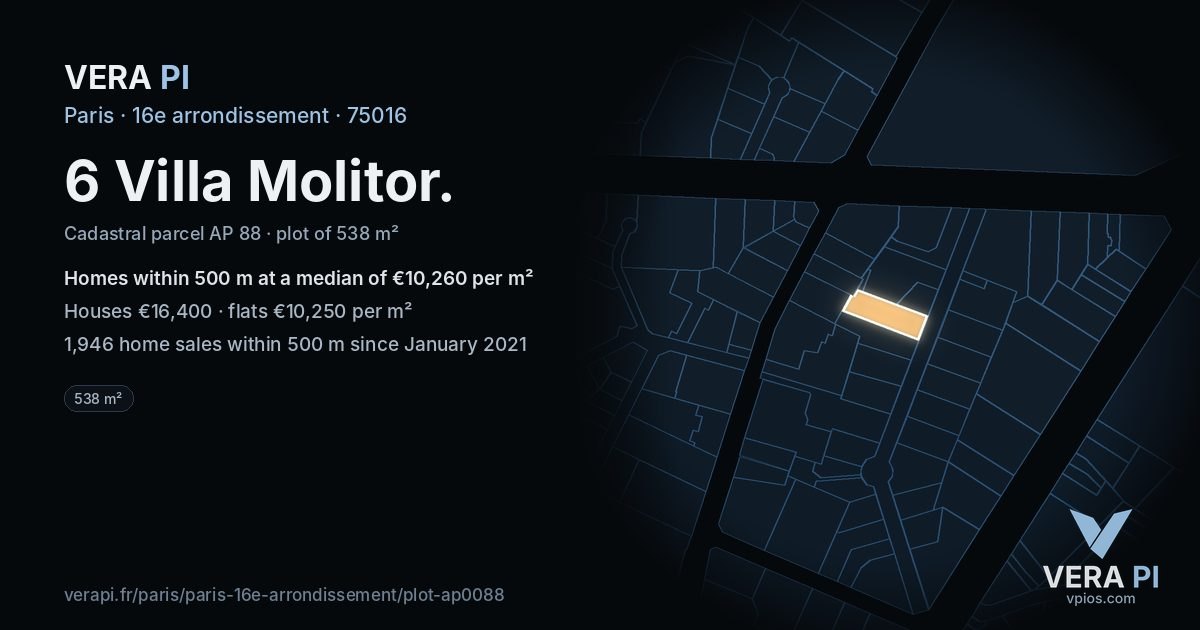 6 Villa Molitor, 16e arrondissement at night – the plot lit, the parcels around coloured by the prices near them