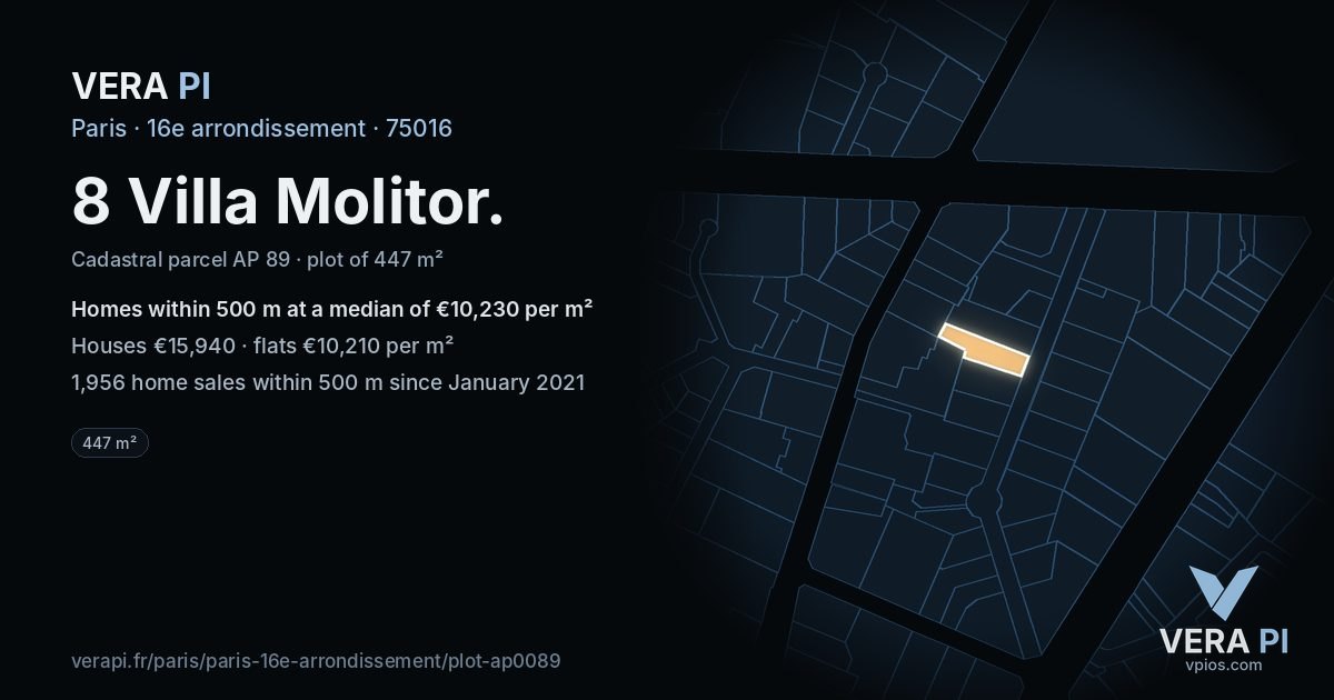 8 Villa Molitor, 16e arrondissement at night – the plot lit, the parcels around coloured by the prices near them