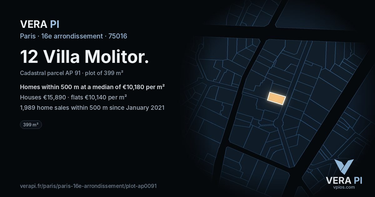 12 Villa Molitor, 16e arrondissement at night – the plot lit, the parcels around coloured by the prices near them