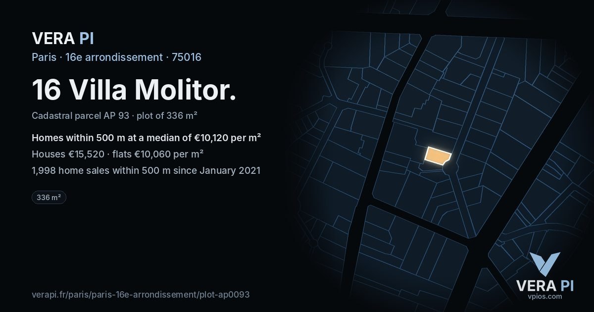 16 Villa Molitor, 16e arrondissement at night – the plot lit, the parcels around coloured by the prices near them