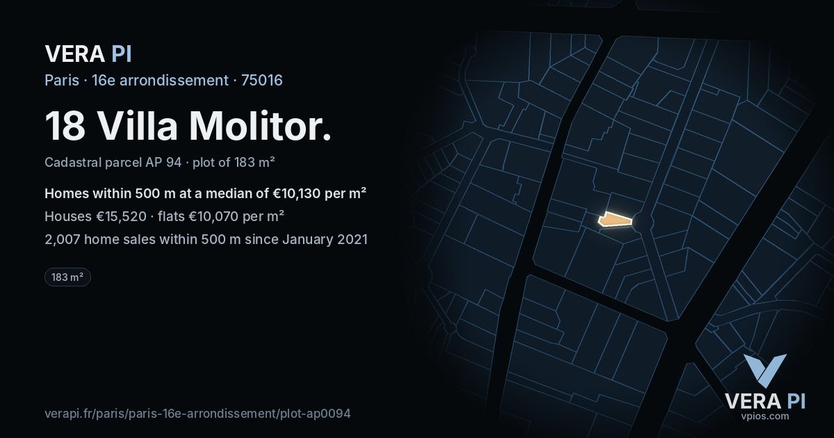 18 Villa Molitor, 16e arrondissement at night – the plot lit, the parcels around coloured by the prices near them
