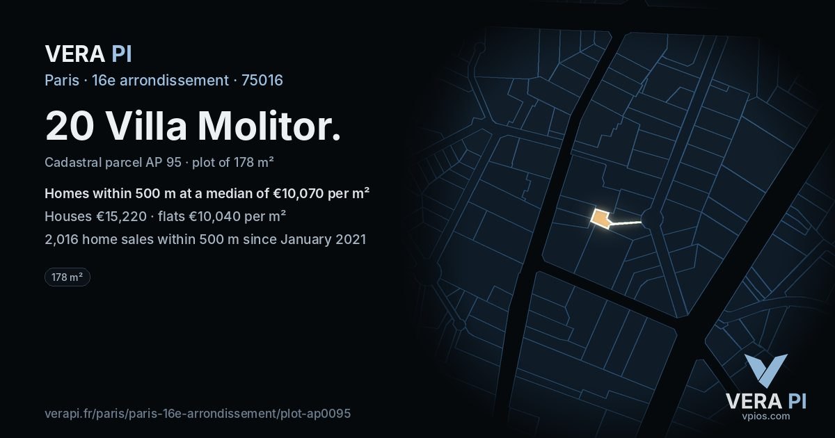 20 Villa Molitor, 16e arrondissement at night – the plot lit, the parcels around coloured by the prices near them