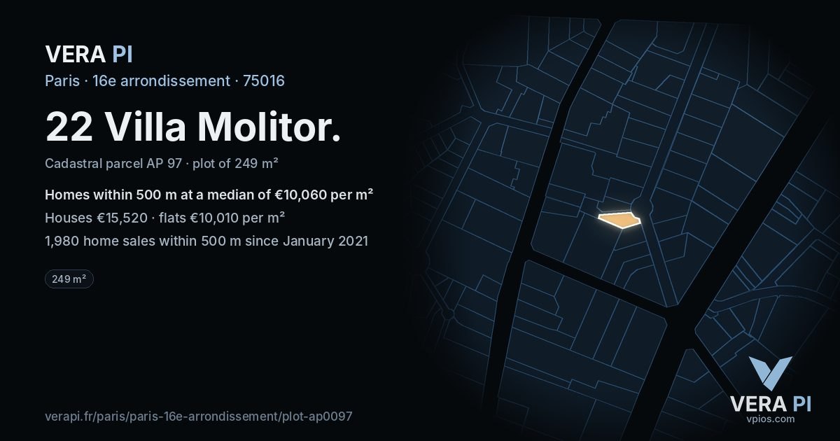 22 Villa Molitor, 16e arrondissement at night – the plot lit, the parcels around coloured by the prices near them