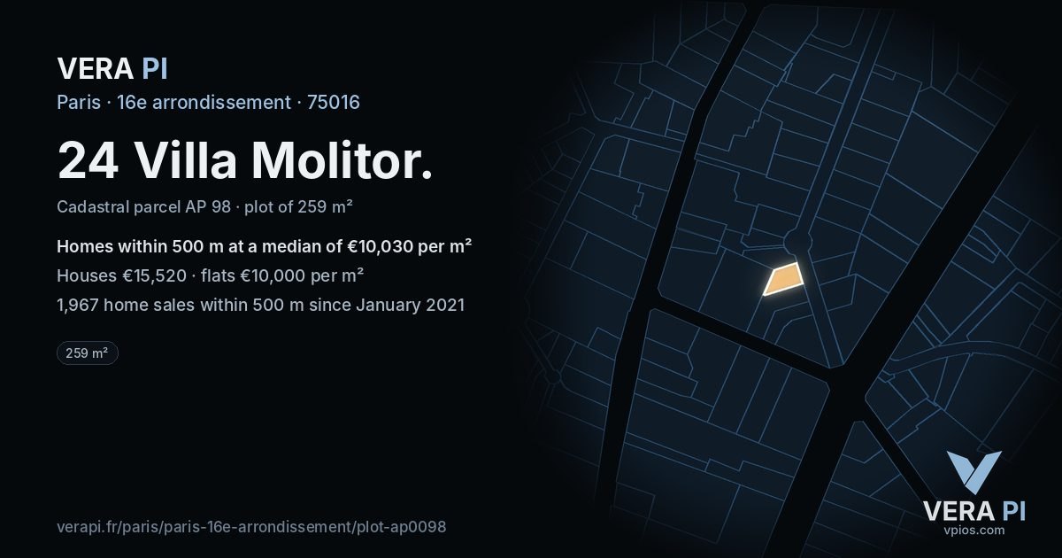 24 Villa Molitor, 16e arrondissement at night – the plot lit, the parcels around coloured by the prices near them