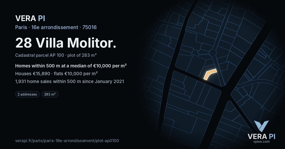 28 Villa Molitor, 16e arrondissement at night – the plot lit, the parcels around coloured by the prices near them