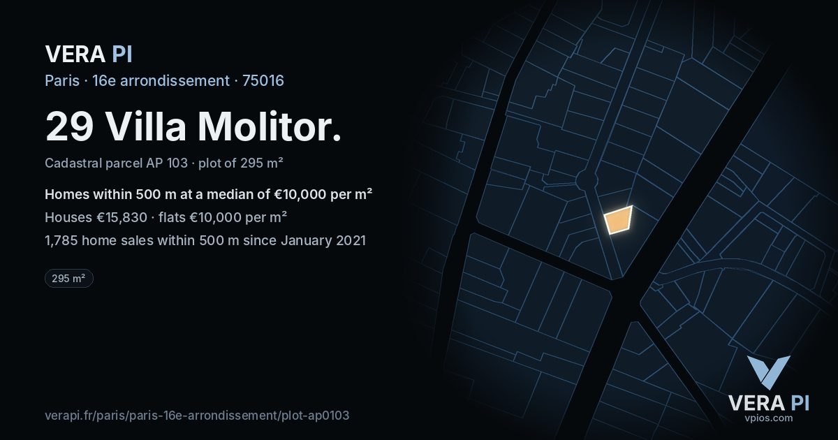 29 Villa Molitor, 16e arrondissement at night – the plot lit, the parcels around coloured by the prices near them