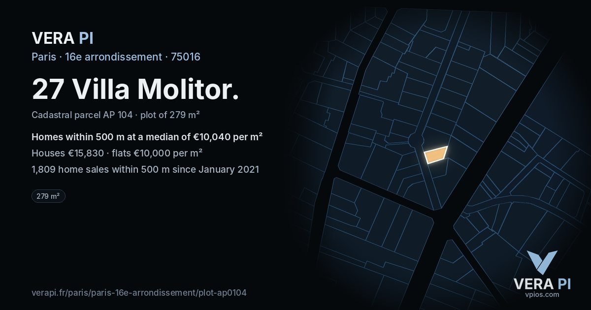 27 Villa Molitor, 16e arrondissement at night – the plot lit, the parcels around coloured by the prices near them