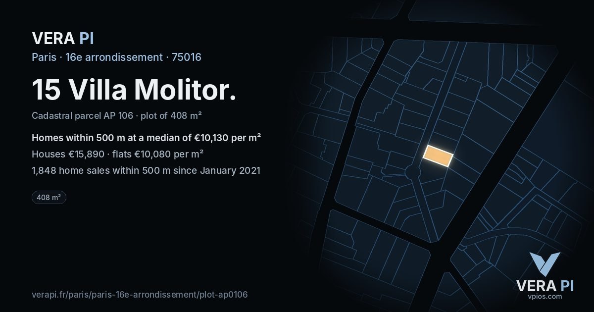 15 Villa Molitor, 16e arrondissement at night – the plot lit, the parcels around coloured by the prices near them