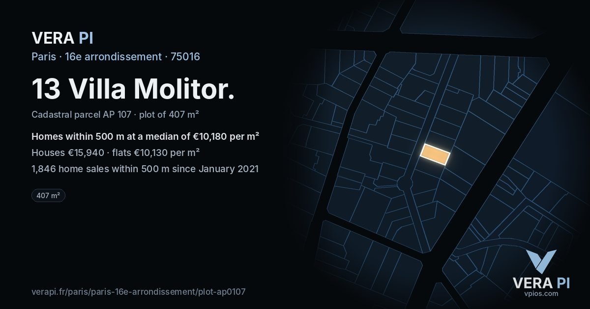 13 Villa Molitor, 16e arrondissement at night – the plot lit, the parcels around coloured by the prices near them