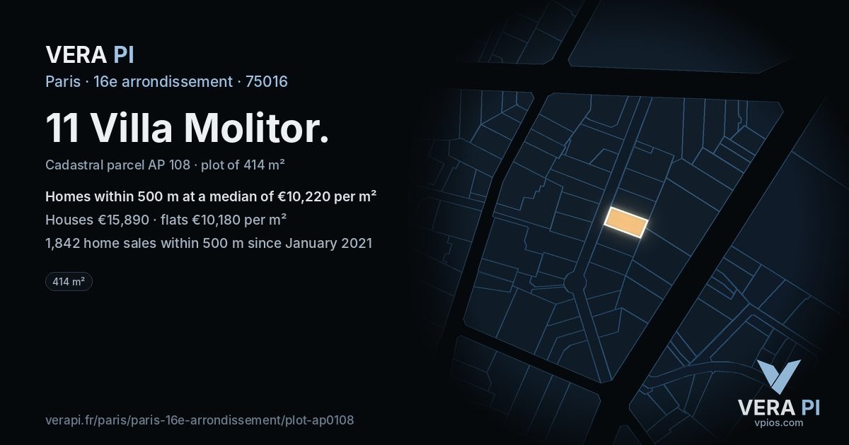 11 Villa Molitor, 16e arrondissement at night – the plot lit, the parcels around coloured by the prices near them