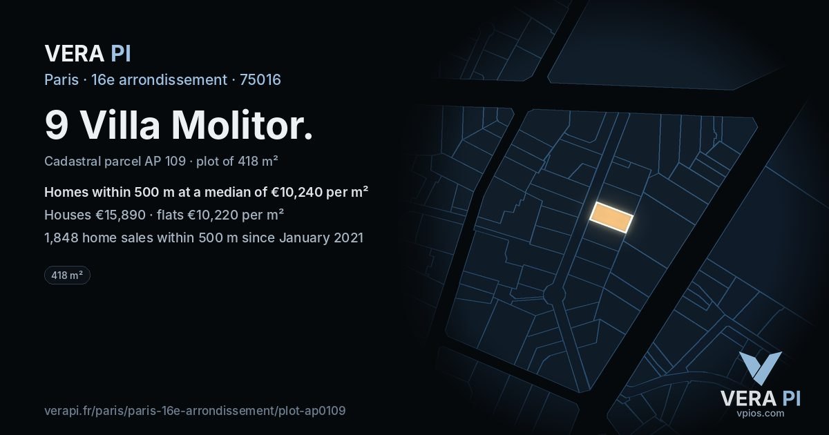 9 Villa Molitor, 16e arrondissement at night – the plot lit, the parcels around coloured by the prices near them
