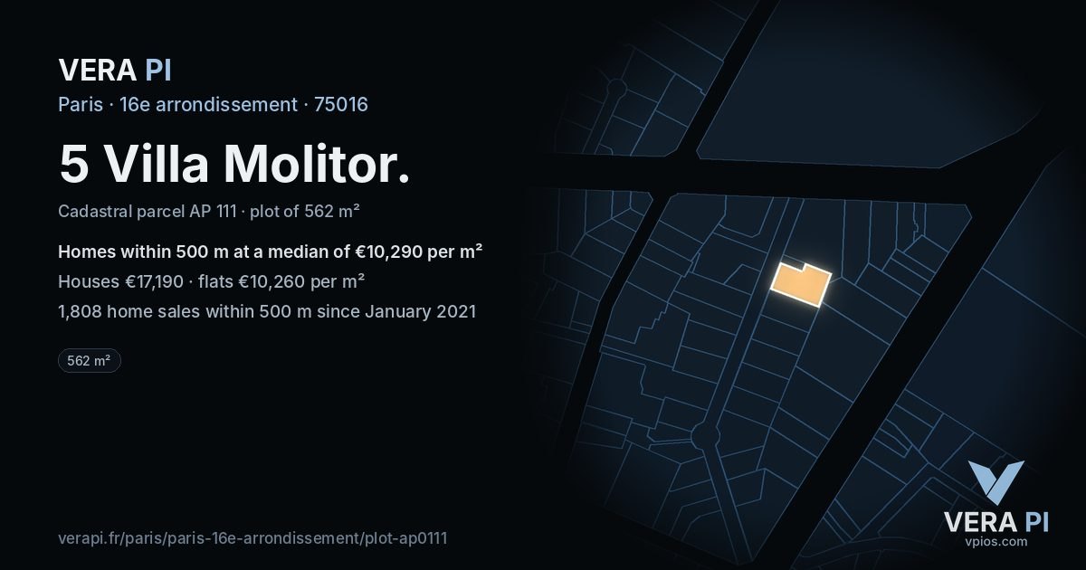 5 Villa Molitor, 16e arrondissement at night – the plot lit, the parcels around coloured by the prices near them