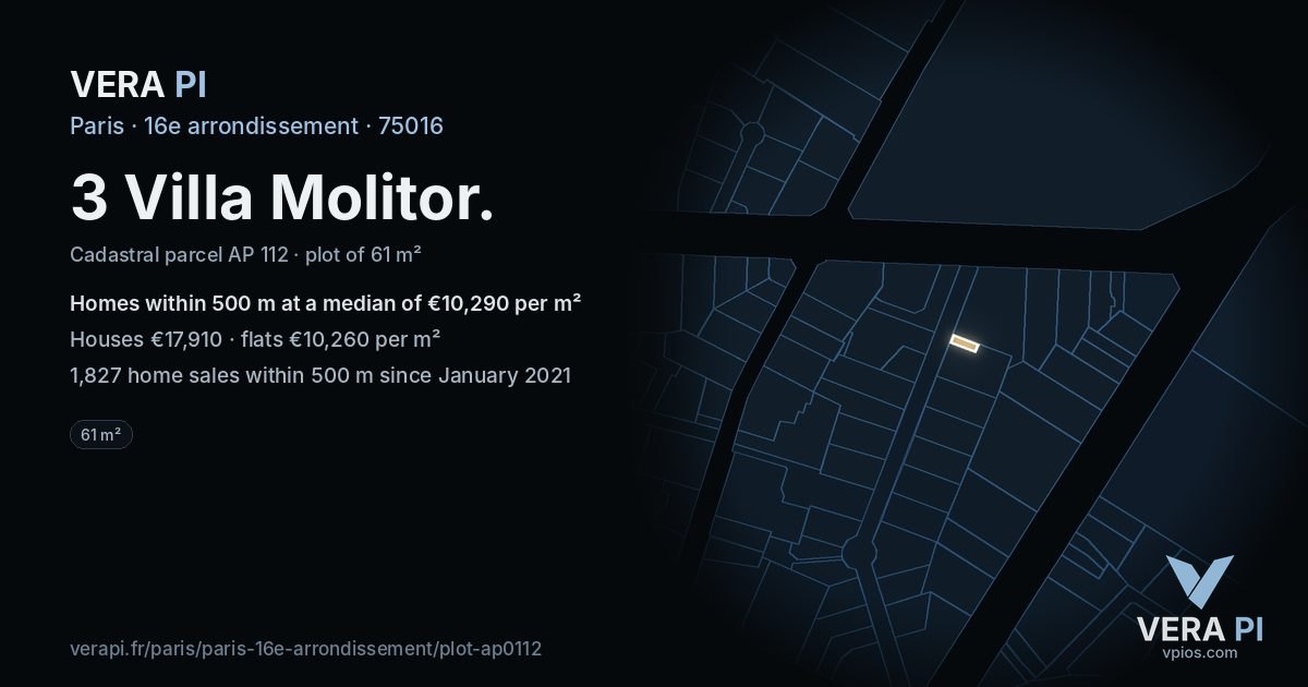 3 Villa Molitor, 16e arrondissement at night – the plot lit, the parcels around coloured by the prices near them